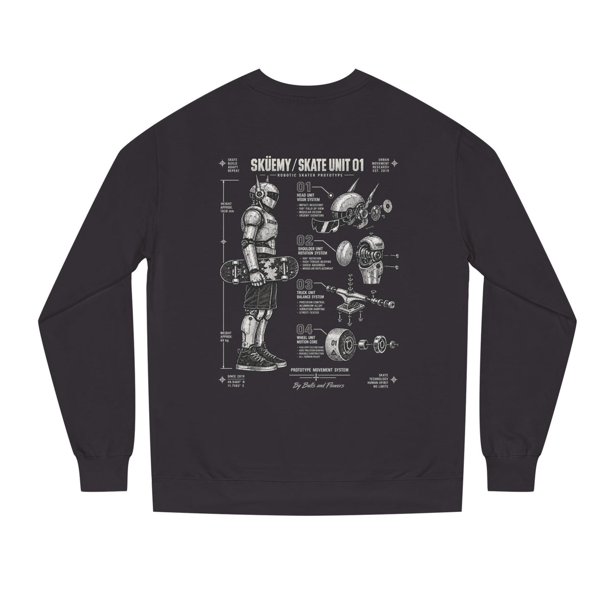 Bulls and Flowers - Skuemy Skateboard Robot Diagram Sweatshirt | Vintage Tech Illustration