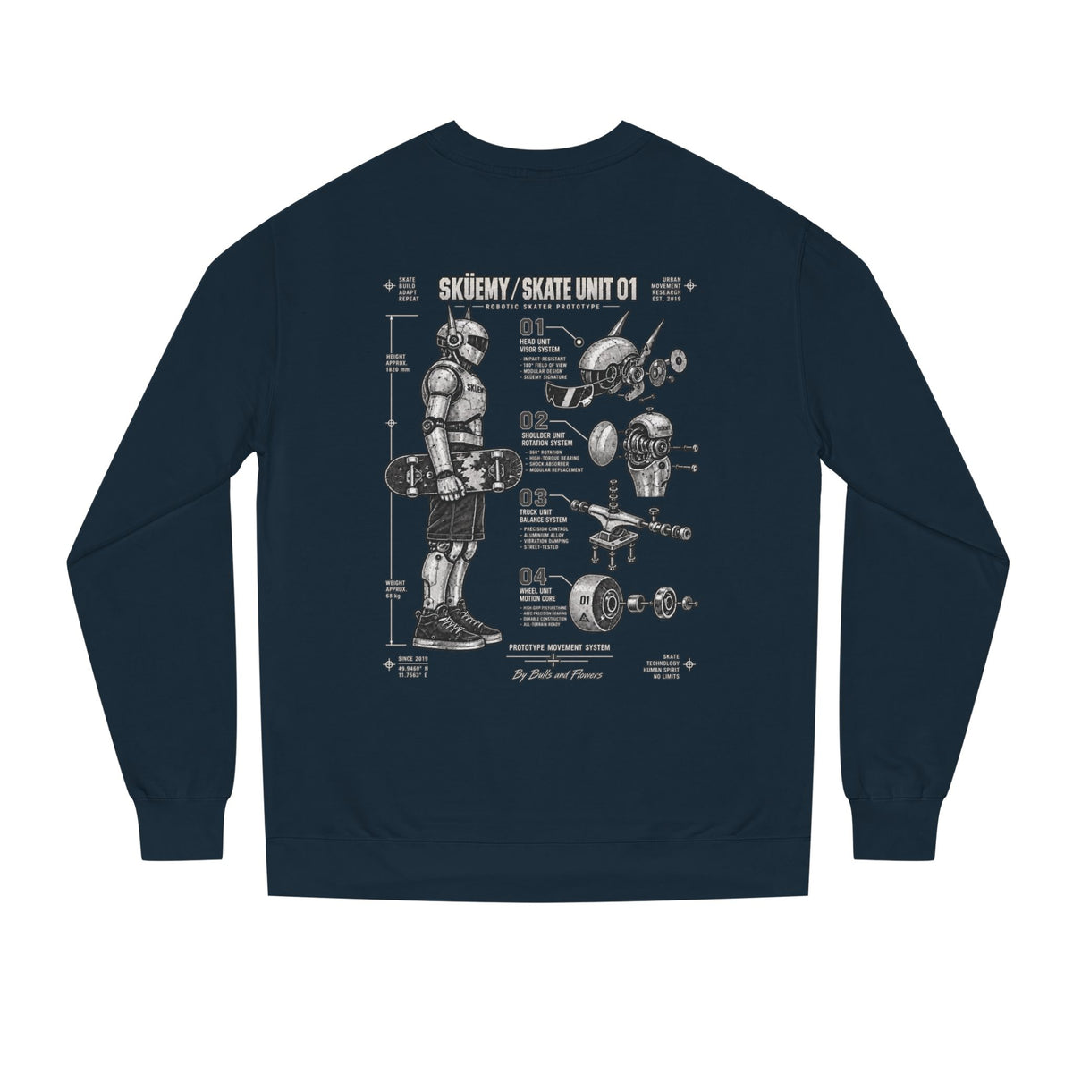 Bulls and Flowers - Skuemy Skateboard Robot Diagram Sweatshirt | Vintage Tech Illustration