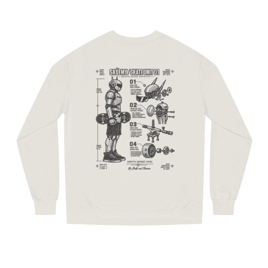 Bulls and Flowers - Skuemy Skateboard Robot Diagram Sweatshirt | Vintage Tech Illustration