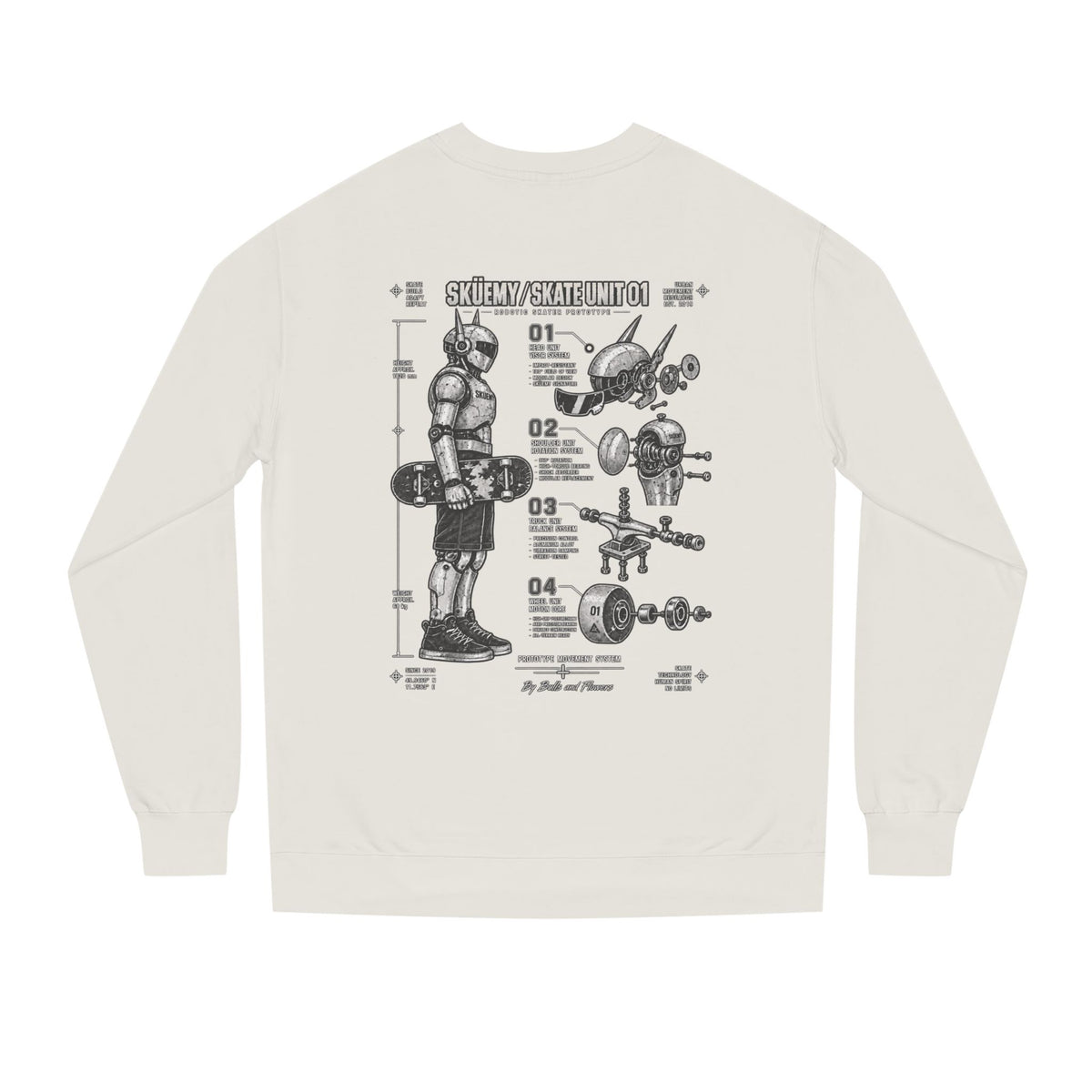 Bulls and Flowers - Skuemy Skateboard Robot Diagram Sweatshirt | Vintage Tech Illustration