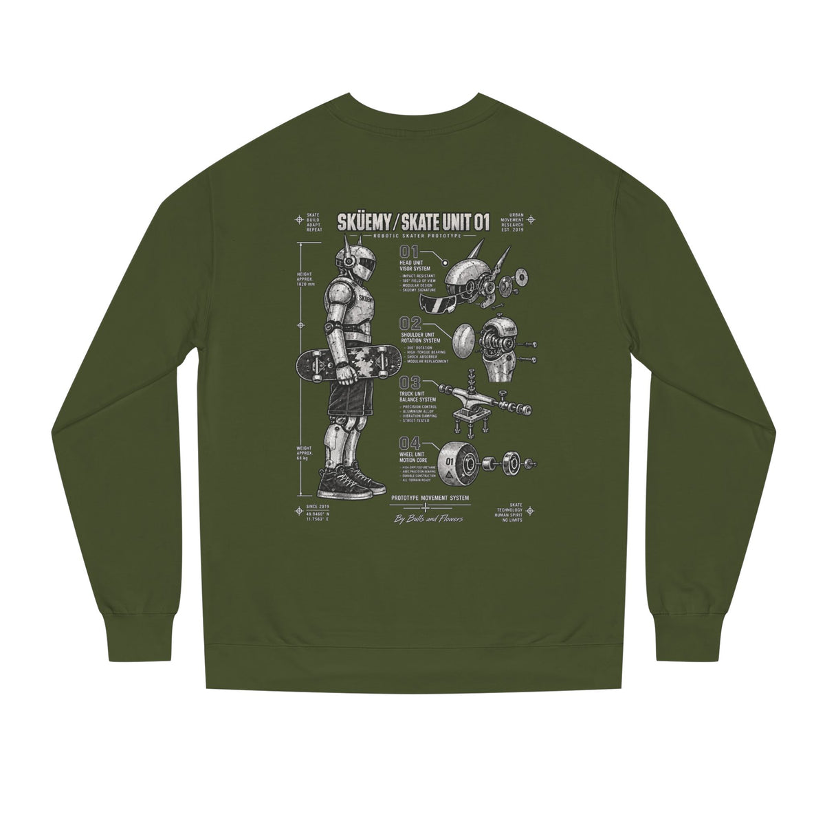 Bulls and Flowers - Skuemy Skateboard Robot Diagram Sweatshirt | Vintage Tech Illustration